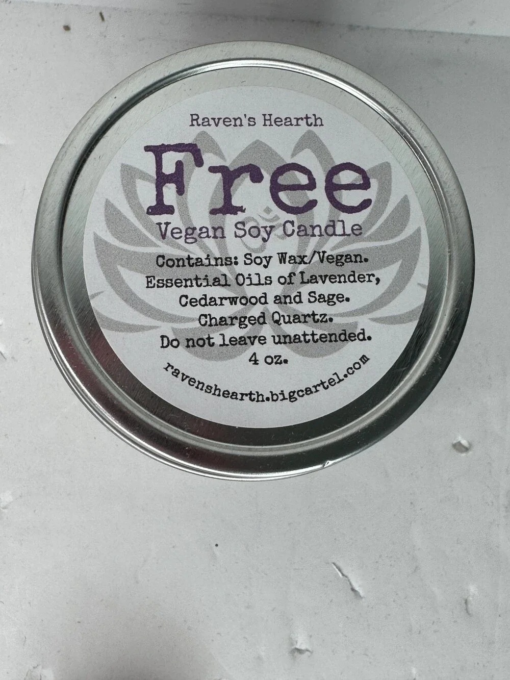 Raven's Hearth Free Vegan Soy Cleansing Candle 4oz Lavender Tin Jar Scented